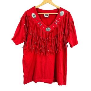 VTG Spotlight Red Fringe Western T-Shirt Rhinestone Concho Cowboy Top USA Made M